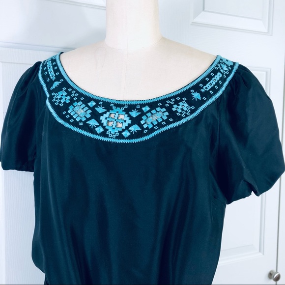 Tory Burch Silk Embroidered Puff Short Sleeves Sheath Black Lined Dress Size 14 - Picture 4 of 16